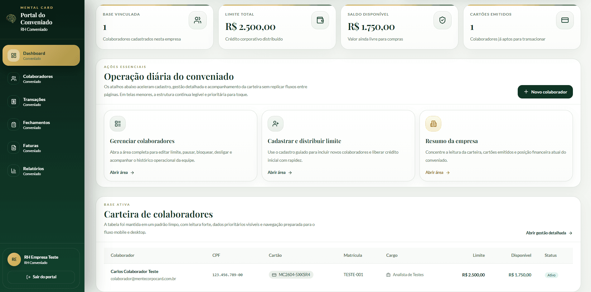 Imagem do painel do Portal Conveniado